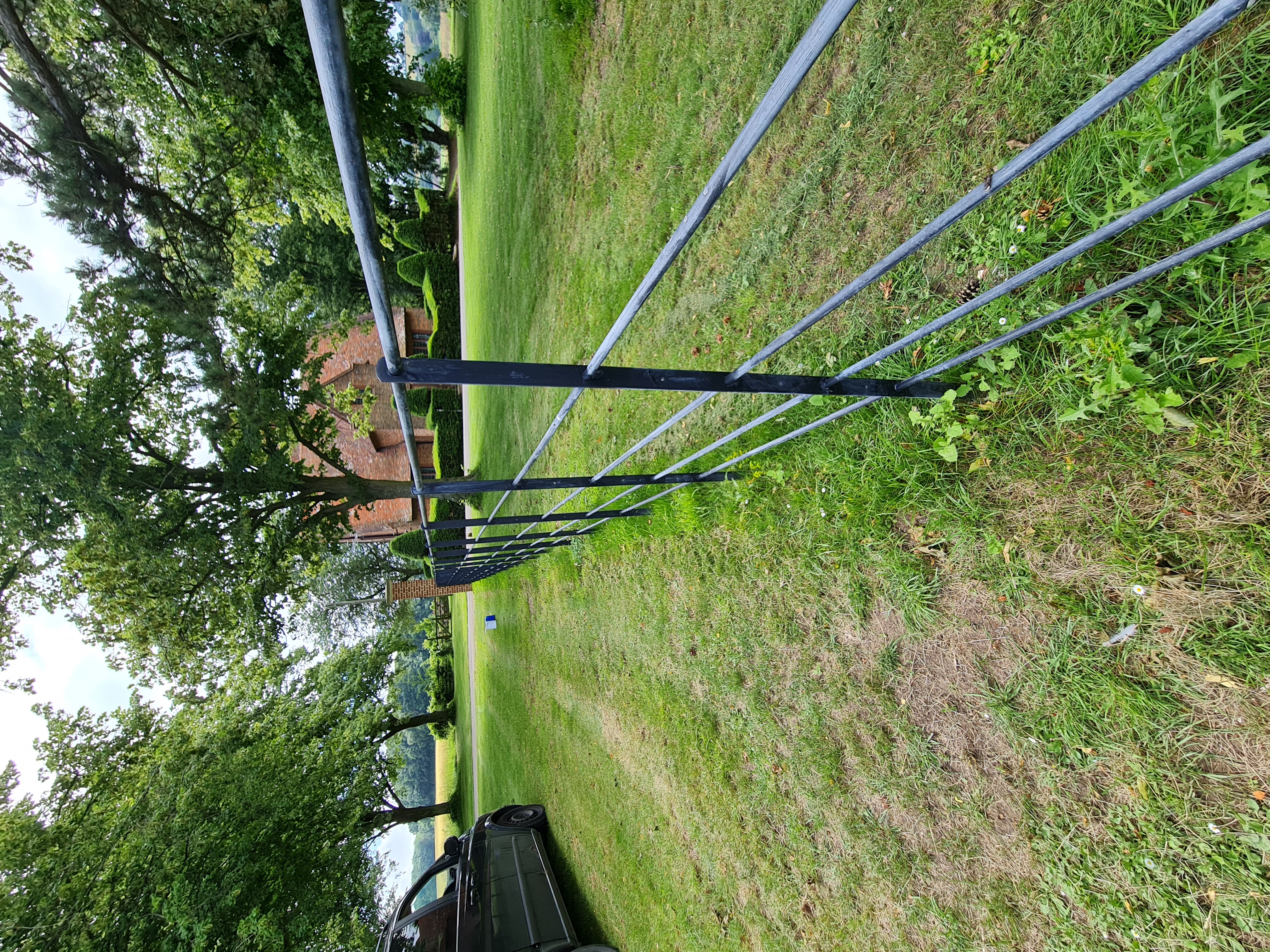 Restored iron park railings painted dark blue-black at a country estate